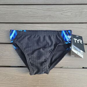 TYR Durafast Elite Bravos Splice  Boys Youth Black/blue Racer Briefs Size 26 New